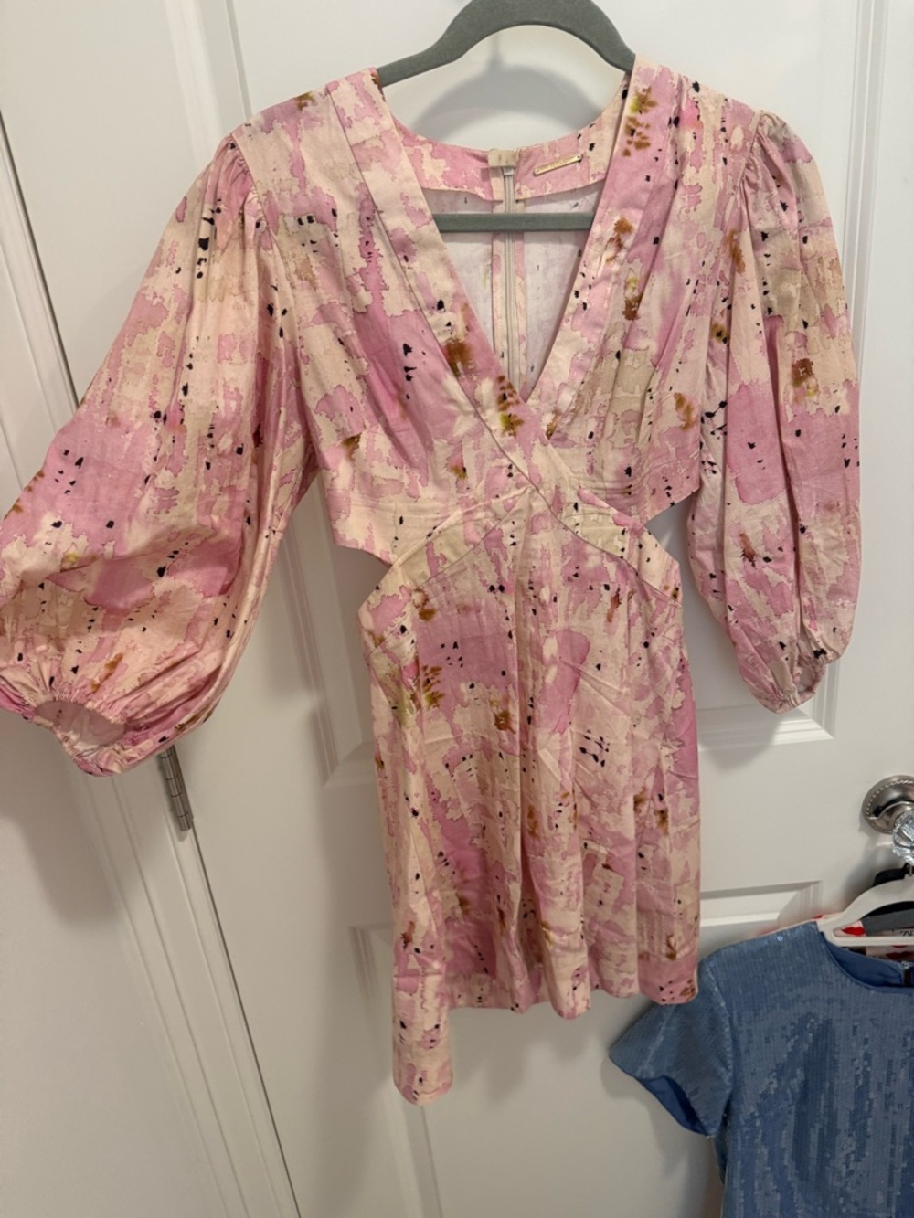 Alexis Pink and Cream Abstract V-Neck Mini Dress
